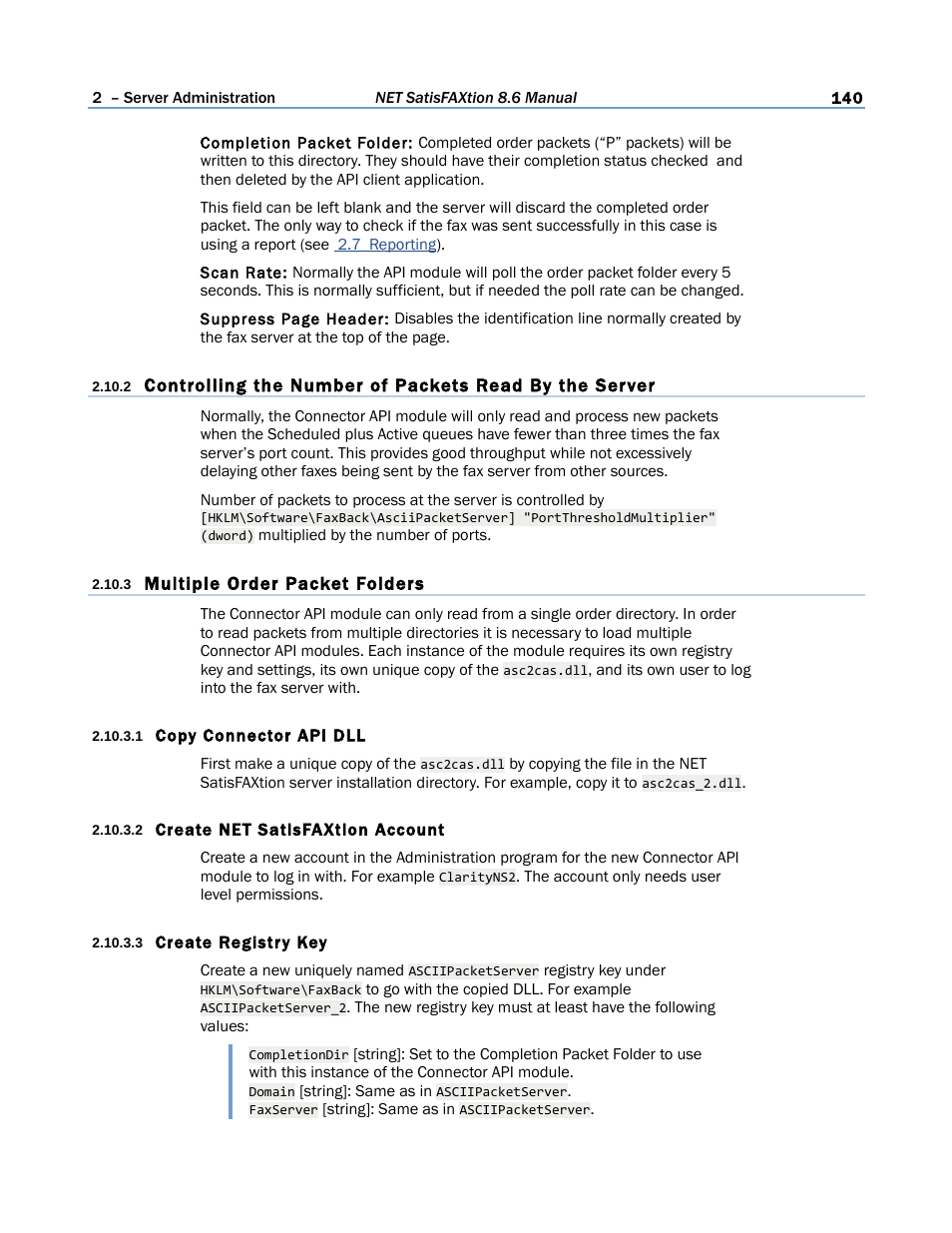 3 multiple order packet folders, 1 copy connector api dll, 2 create net satisfaxtion account | 3 create registry key | FaxBack NET SatisFAXtion 8.6 - Manual User Manual | Page 140 / 240