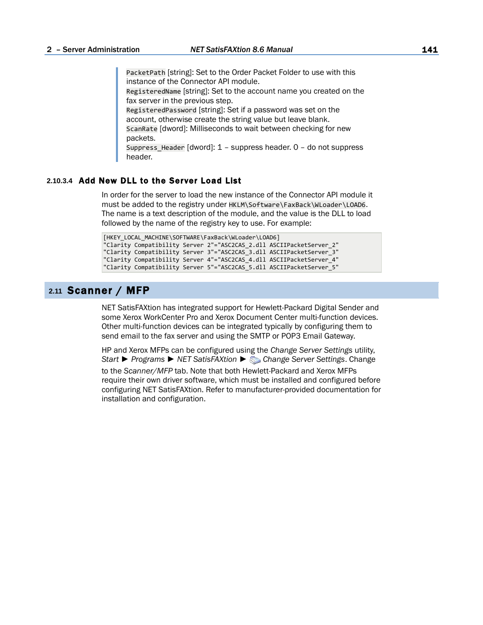 4 add new dll to the server load list, 11 scanner / mfp, Scanner / mfp | FaxBack NET SatisFAXtion 8.6 - Manual User Manual | Page 141 / 240