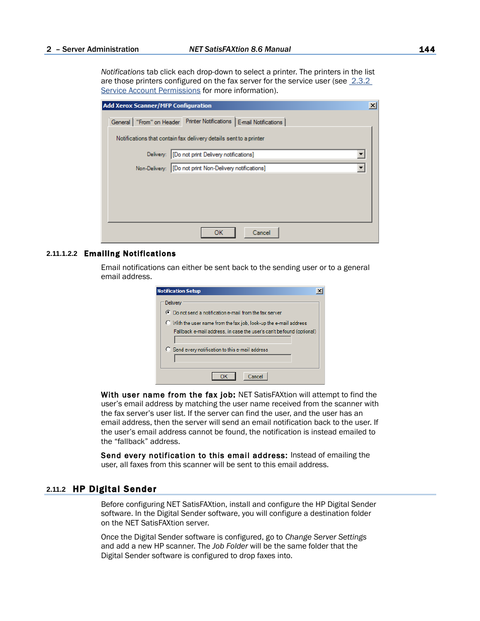 2 emailing notifications, 2 hp digital sender | FaxBack NET SatisFAXtion 8.6 - Manual User Manual | Page 144 / 240