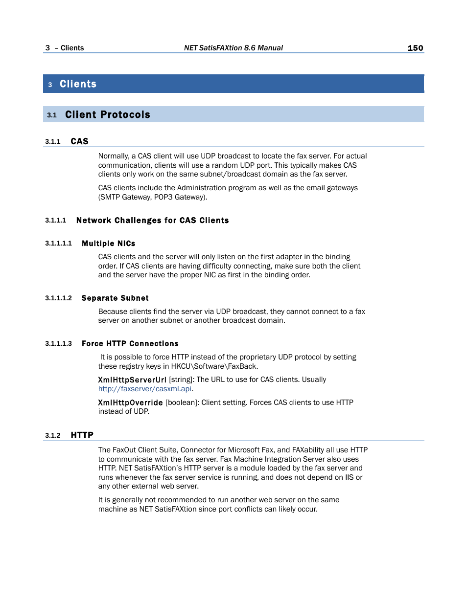 3 clients, 1 client protocols, 1 cas | 1 network challenges for cas clients, 1 multiple nics, 2 separate subnet, 3 force http connections, 2 http, Clients, Client protocols | FaxBack NET SatisFAXtion 8.6 - Manual User Manual | Page 150 / 240