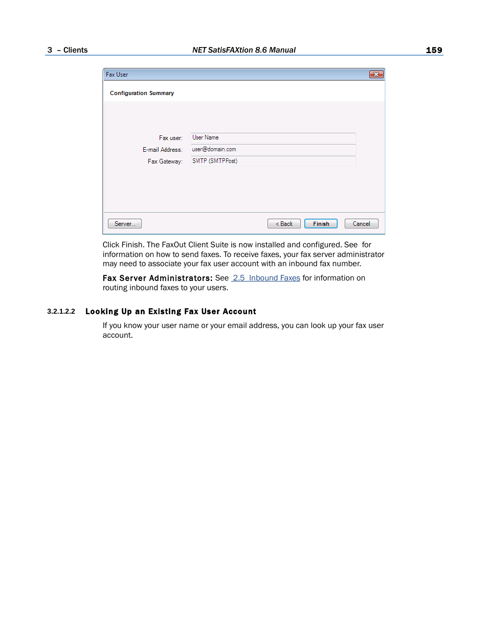 2 looking up an existing fax user account, 2 looking, Up an existing fax user account | FaxBack NET SatisFAXtion 8.6 - Manual User Manual | Page 159 / 240