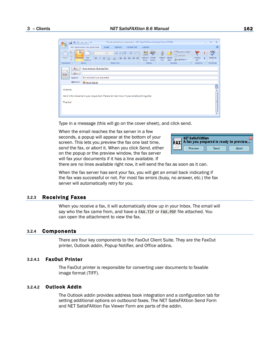 3 receiving faxes, 4 components, 1 faxout printer | 2 outlook addin | FaxBack NET SatisFAXtion 8.6 - Manual User Manual | Page 162 / 240