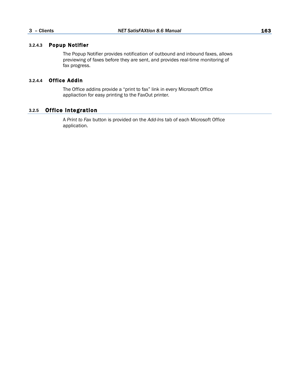 3 popup notifier, 4 office addin, 5 office integration | FaxBack NET SatisFAXtion 8.6 - Manual User Manual | Page 163 / 240