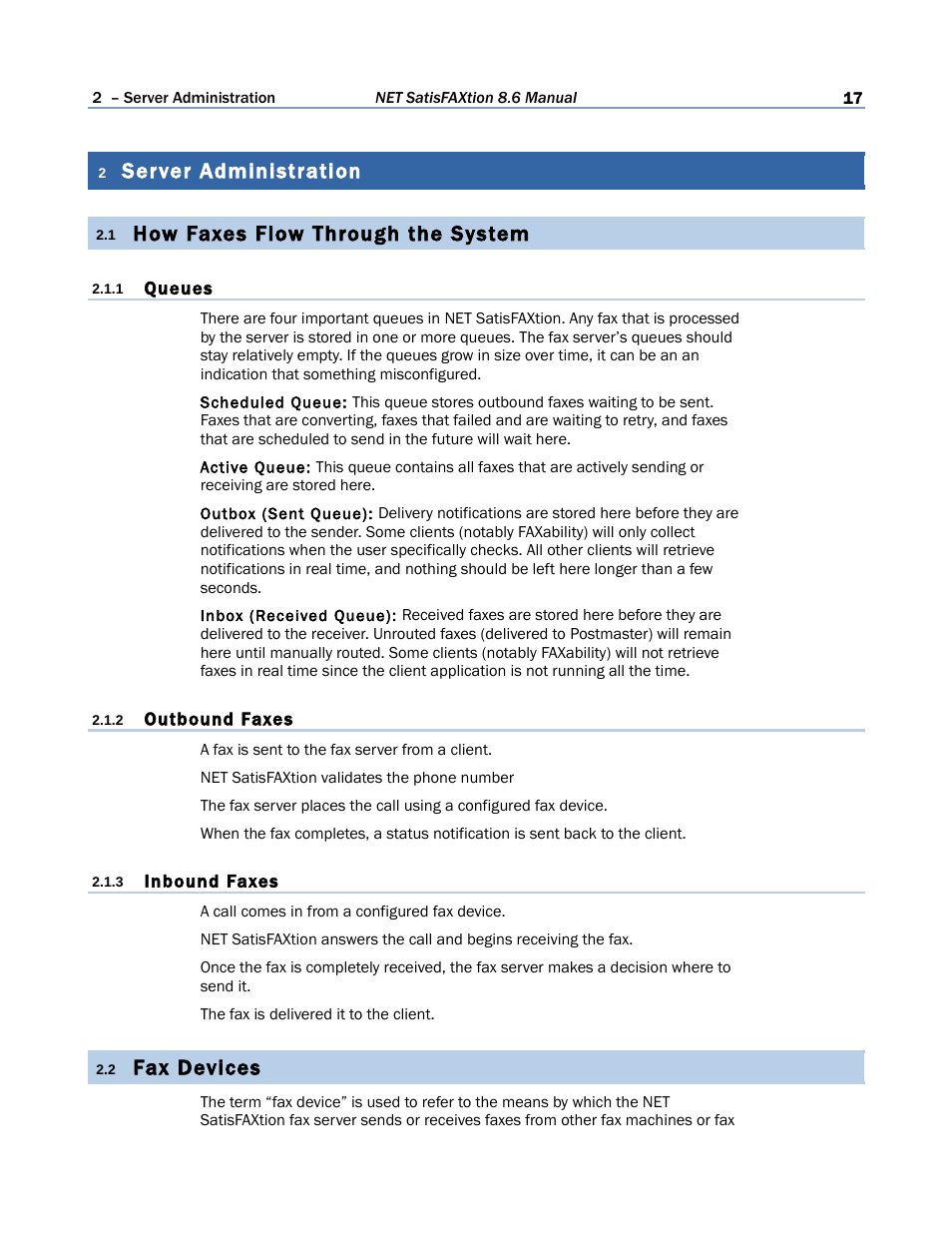 2 server administration, 1 how faxes flow through the system, 1 queues | 2 outbound faxes, 3 inbound faxes, 2 fax devices, Server administration, How faxes flow through the system, Fax devices | FaxBack NET SatisFAXtion 8.6 - Manual User Manual | Page 17 / 240