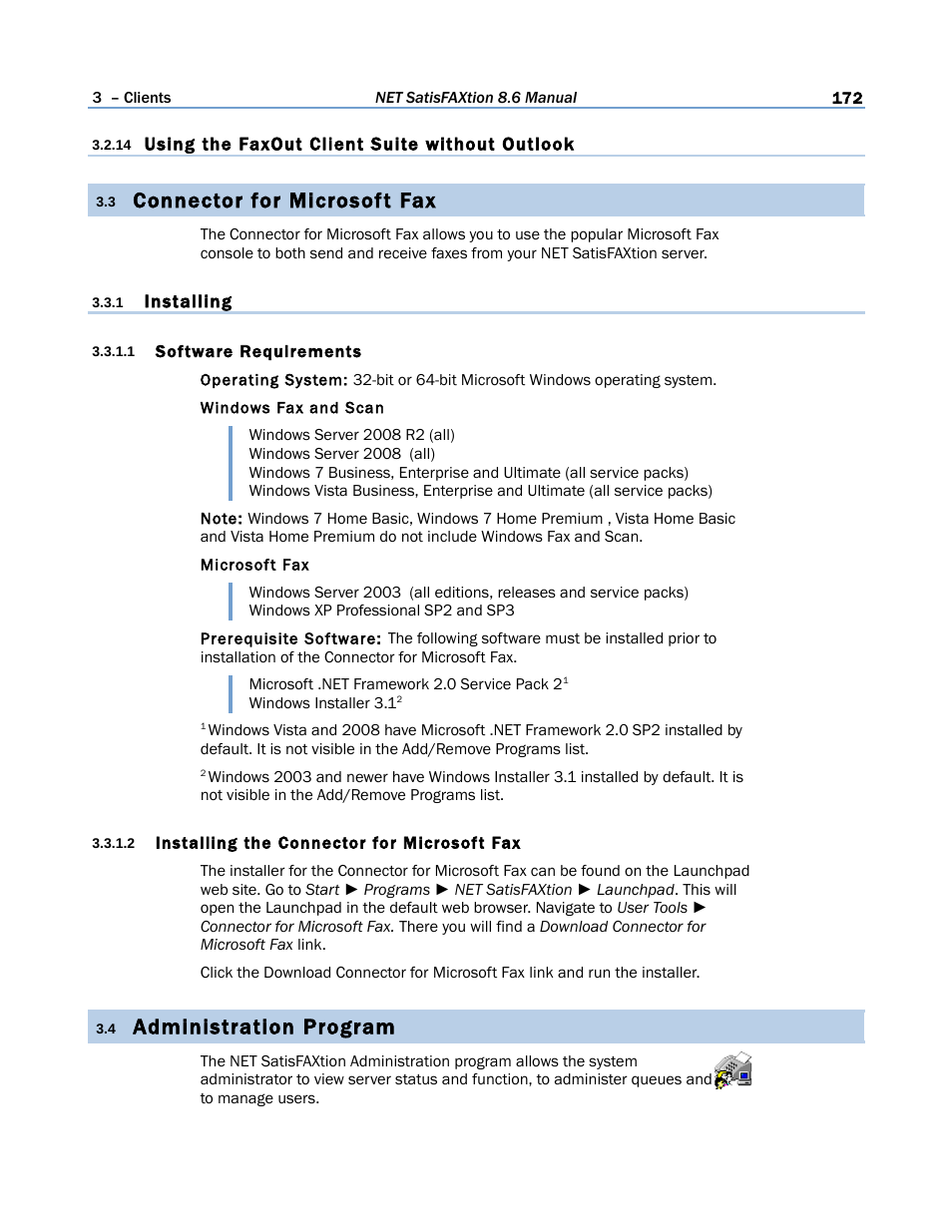 14 using the faxout client suite without outlook, 3 connector for microsoft fax, 1 installing | 1 software requirements, 2 installing the connector for microsoft fax, 4 administration program, Connector for microsoft fax, Administration program | FaxBack NET SatisFAXtion 8.6 - Manual User Manual | Page 172 / 240