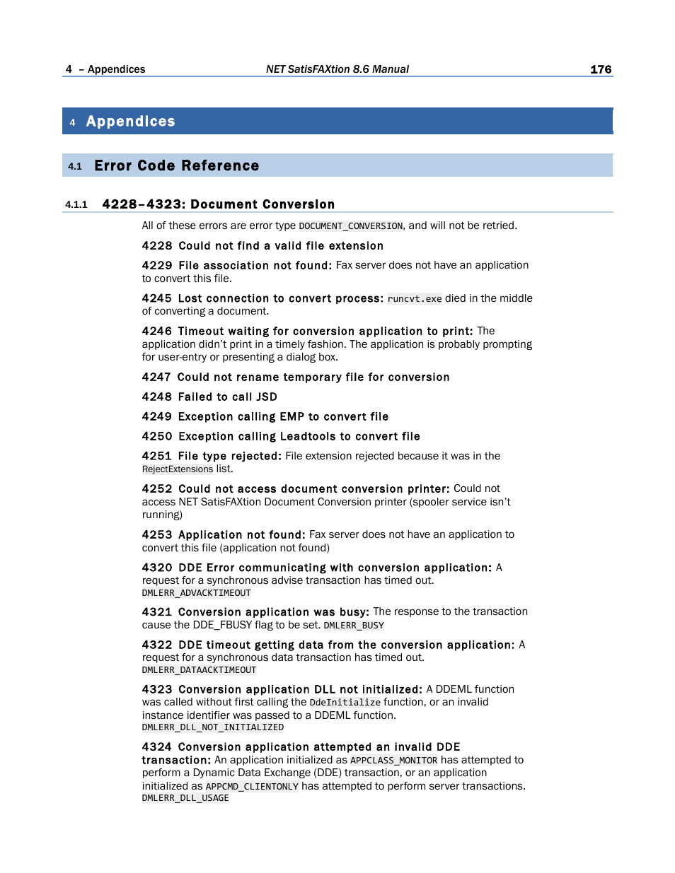 4 appendices, 1 error code reference, 1 4228–4323: document conversion | 1) error code reference, Error code reference, Appendices | FaxBack NET SatisFAXtion 8.6 - Manual User Manual | Page 176 / 240