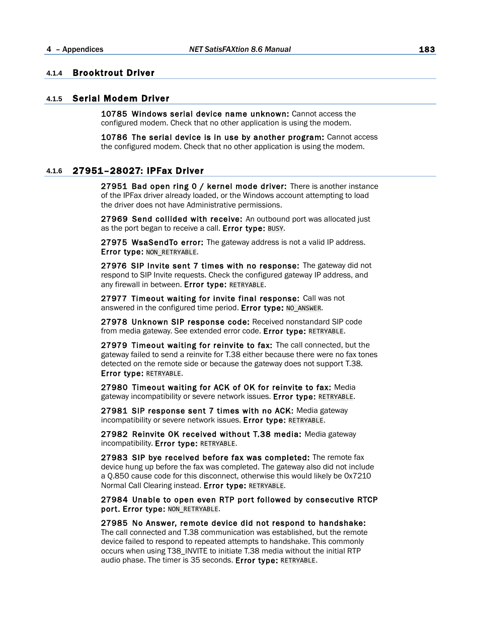 4 brooktrout driver, 5 serial modem driver, 6 27951–28027: ipfax driver | FaxBack NET SatisFAXtion 8.6 - Manual User Manual | Page 183 / 240