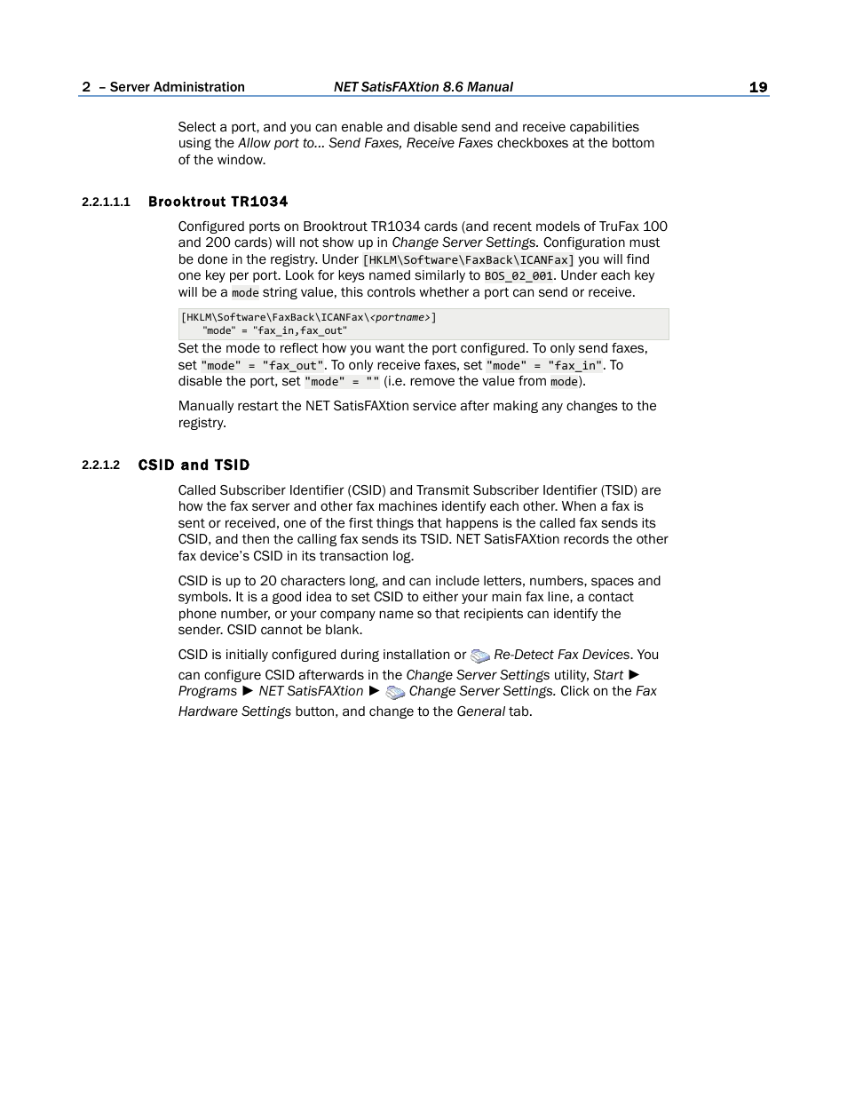 1 brooktrout tr1034, 2 csid and tsid | FaxBack NET SatisFAXtion 8.6 - Manual User Manual | Page 19 / 240