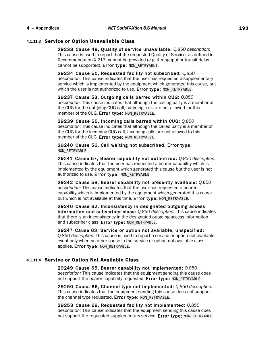 3 service or option unavailable class, 4 service or option not available class | FaxBack NET SatisFAXtion 8.6 - Manual User Manual | Page 193 / 240