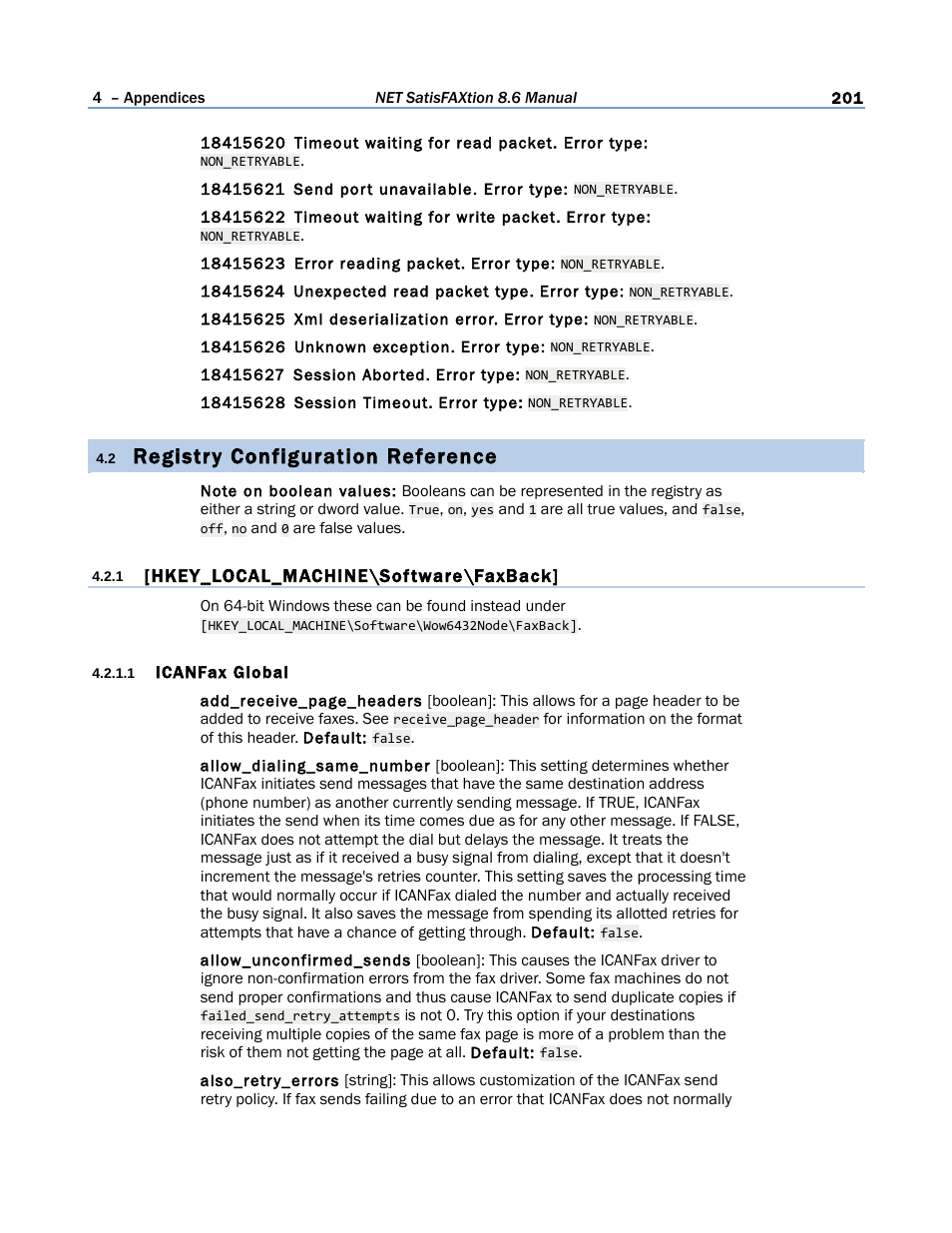 2 registry configuration reference, 1 [hkey_local_machine\software\faxback, 1 icanfax global | Registry configuration reference | FaxBack NET SatisFAXtion 8.6 - Manual User Manual | Page 201 / 240