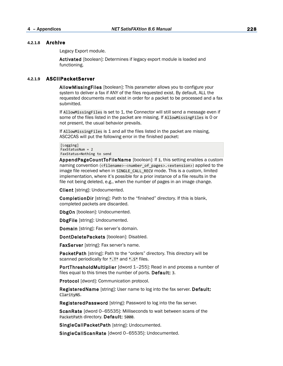 8 archive, 9 asciipacketserver | FaxBack NET SatisFAXtion 8.6 - Manual User Manual | Page 228 / 240