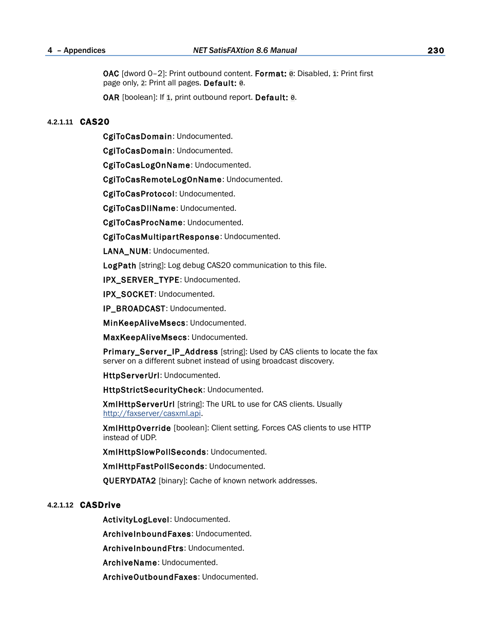 11 cas20, 12 casdrive | FaxBack NET SatisFAXtion 8.6 - Manual User Manual | Page 230 / 240