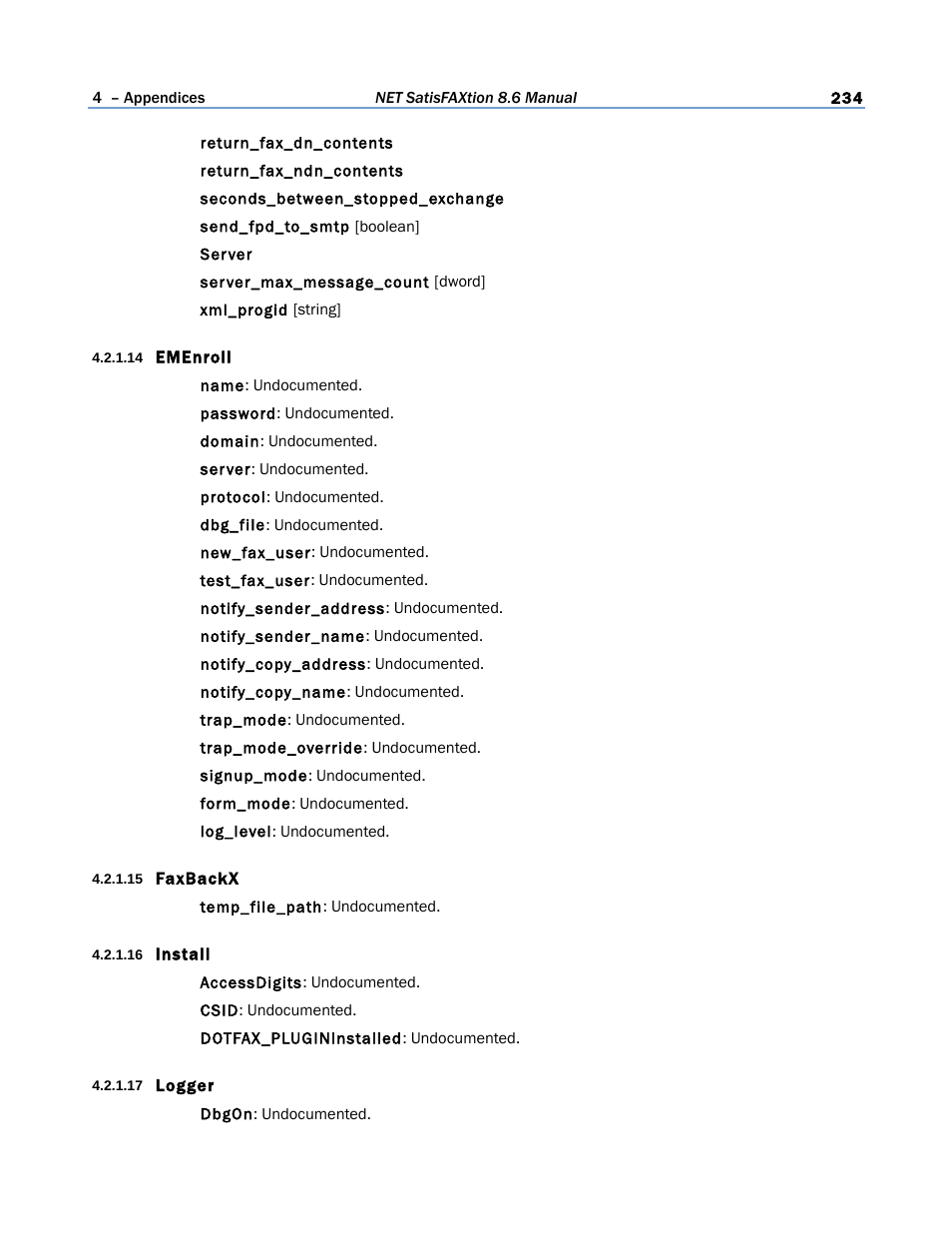 14 emenroll, 15 faxbackx, 16 install | 17 logger | FaxBack NET SatisFAXtion 8.6 - Manual User Manual | Page 234 / 240