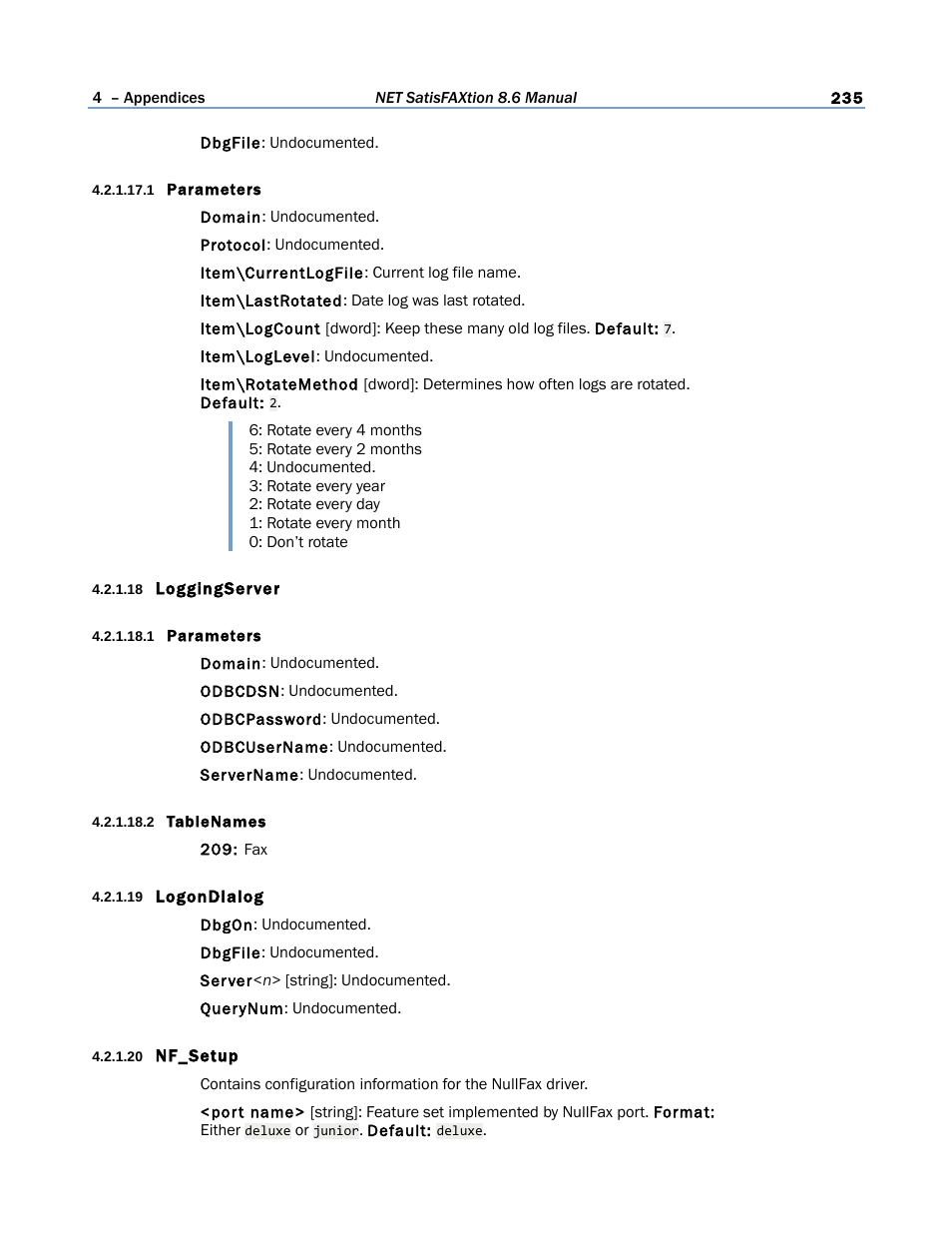 1 parameters, 18 loggingserver, 2 tablenames | 19 logondialog, 20 nf_setup | FaxBack NET SatisFAXtion 8.6 - Manual User Manual | Page 235 / 240