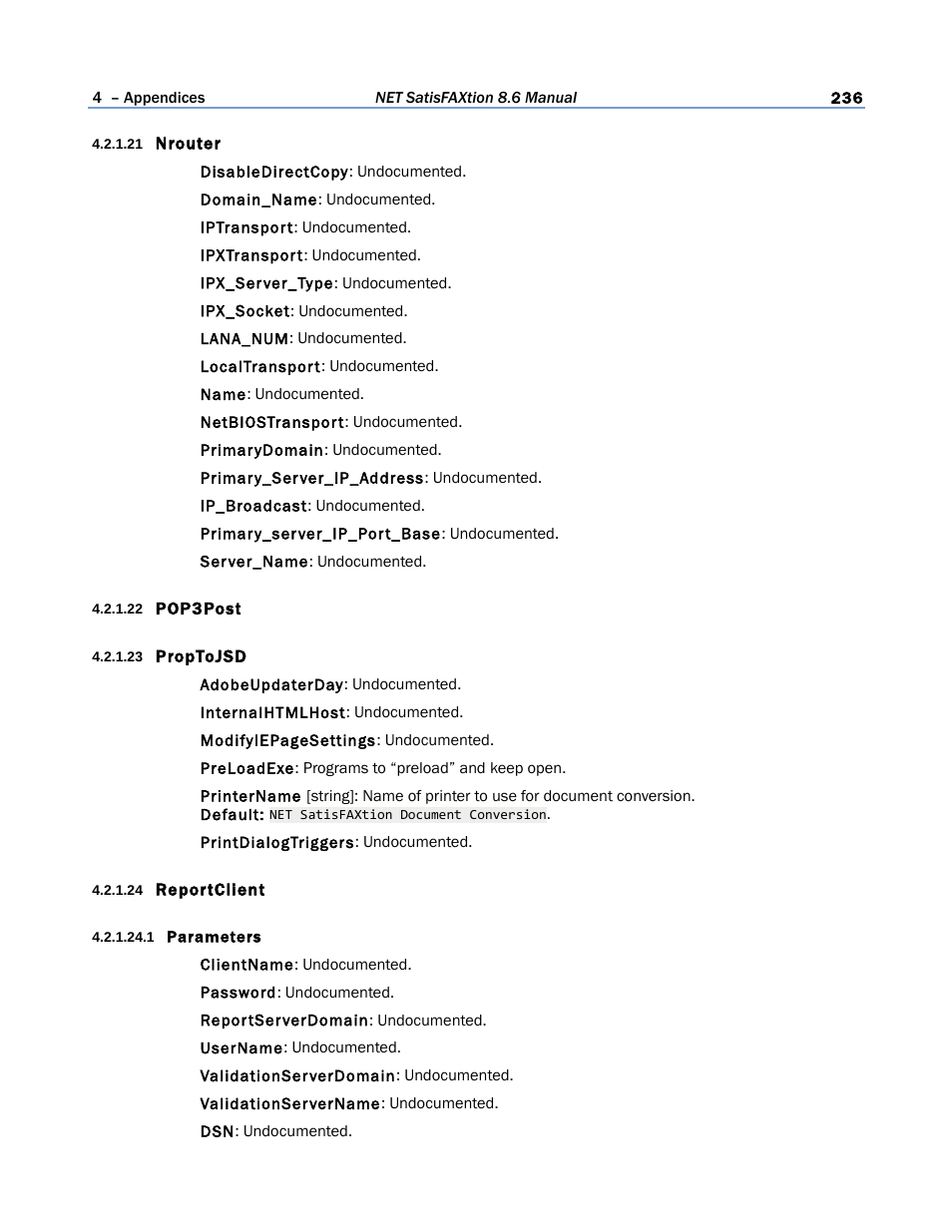 21 nrouter, 22 pop3post, 23 proptojsd | 24 reportclient, 1 parameters, 21 pop3post | FaxBack NET SatisFAXtion 8.6 - Manual User Manual | Page 236 / 240