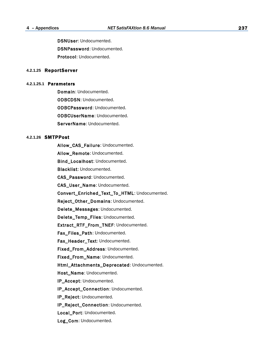 25 reportserver, 1 parameters, 26 smtppost | 25 smtppost | FaxBack NET SatisFAXtion 8.6 - Manual User Manual | Page 237 / 240