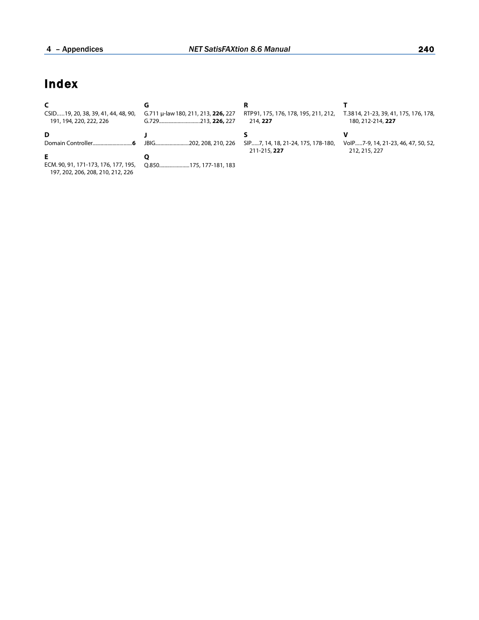 Index | FaxBack NET SatisFAXtion 8.6 - Manual User Manual | Page 240 / 240