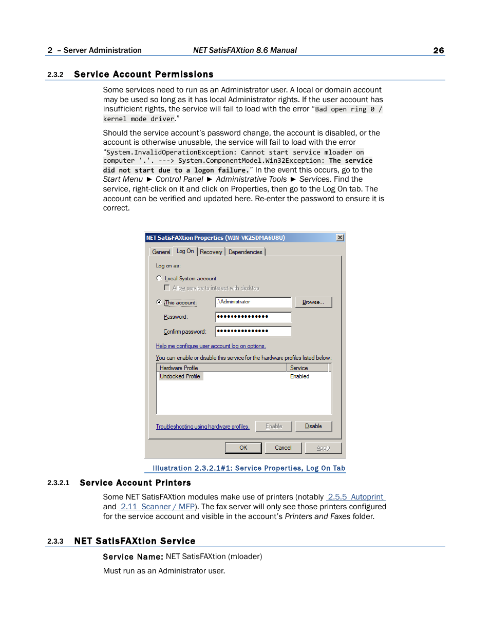 2 service account permissions, 1 service account printers, 3 net satisfaxtion service | FaxBack NET SatisFAXtion 8.6 - Manual User Manual | Page 26 / 240