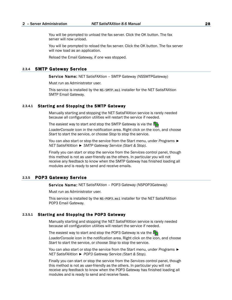 4 smtp gateway service, 1 starting and stopping the smtp gateway, 5 pop3 gateway service | 1 starting and stopping the pop3 gateway | FaxBack NET SatisFAXtion 8.6 - Manual User Manual | Page 28 / 240