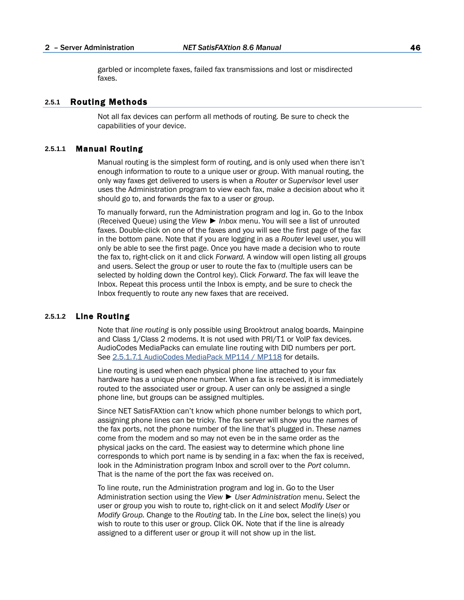 1 routing methods, 1 manual routing, 2 line routing | FaxBack NET SatisFAXtion 8.6 - Manual User Manual | Page 46 / 240