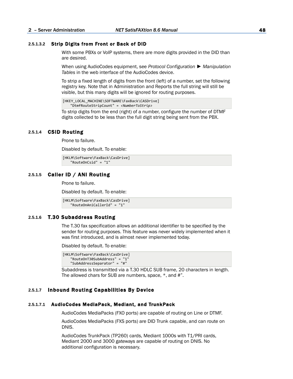 2 strip digits from front or back of did, 4 csid routing, 5 caller id / ani routing | 6 t.30 subaddress routing, 7 inbound routing capabilities by device, 1 audiocodes mediapack, mediant, and trunkpack | FaxBack NET SatisFAXtion 8.6 - Manual User Manual | Page 48 / 240