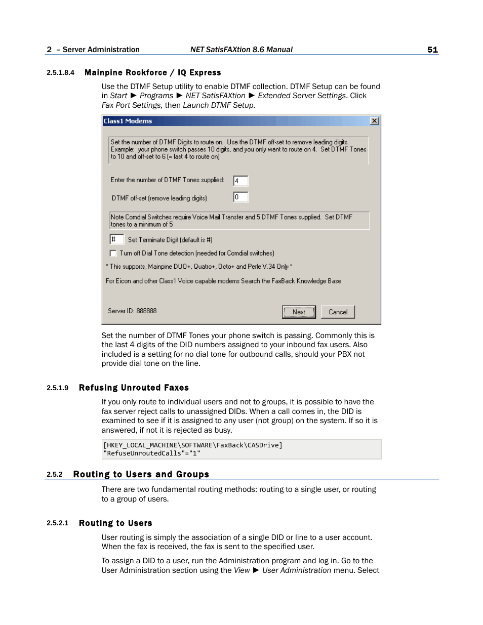 4 mainpine rockforce / iq express, 9 refusing unrouted faxes, 2 routing to users and groups | 1 routing to users | FaxBack NET SatisFAXtion 8.6 - Manual User Manual | Page 51 / 240