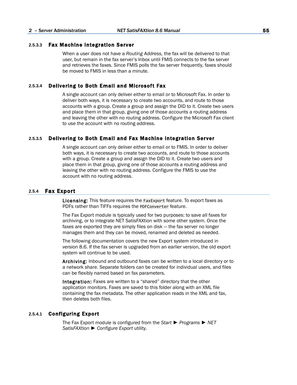 3 fax machine integration server, 4 delivering to both email and microsoft fax, 4 fax export | 1 configuring export | FaxBack NET SatisFAXtion 8.6 - Manual User Manual | Page 55 / 240