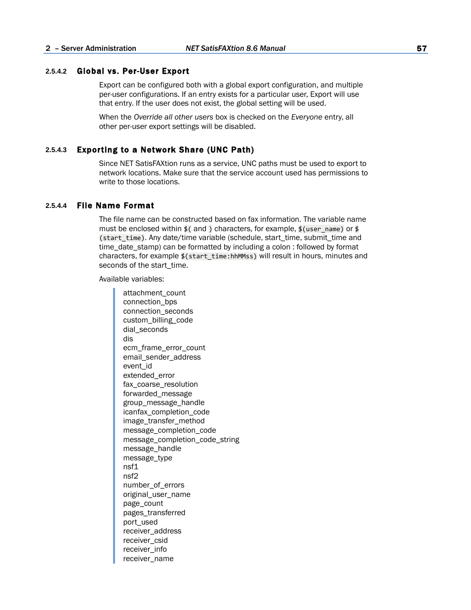 2 global vs. per-user export, 3 exporting to a network share (unc path), 4 file name format | FaxBack NET SatisFAXtion 8.6 - Manual User Manual | Page 57 / 240