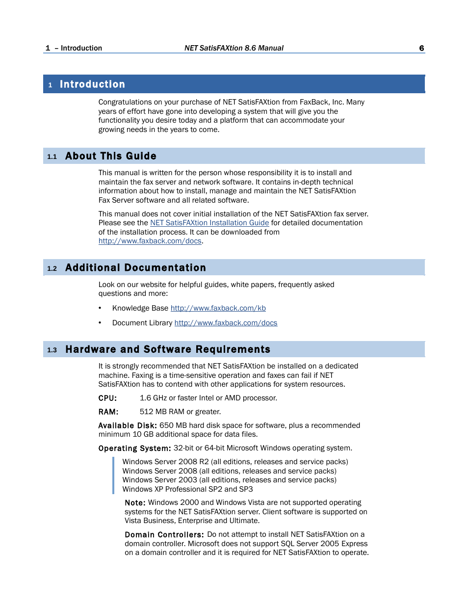 1 introduction, 1 about this guide, 2 additional documentation | 3 hardware and software requirements, Introduction, About this guide, Additional documentation, Hardware and software requirements | FaxBack NET SatisFAXtion 8.6 - Manual User Manual | Page 6 / 240