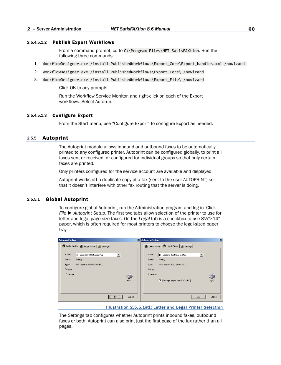 2 publish export workflows, 3 configure export, 5 autoprint | 1 global autoprint, Autoprint | FaxBack NET SatisFAXtion 8.6 - Manual User Manual | Page 60 / 240