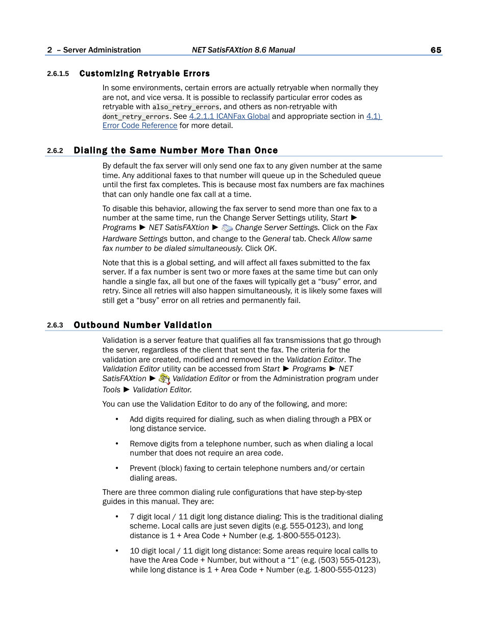 5 customizing retryable errors, 2 dialing the same number more than once, 3 outbound number validation | FaxBack NET SatisFAXtion 8.6 - Manual User Manual | Page 65 / 240