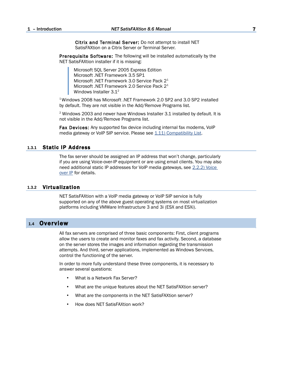 1 static ip address, 2 virtualization, 4 overview | Overview | FaxBack NET SatisFAXtion 8.6 - Manual User Manual | Page 7 / 240