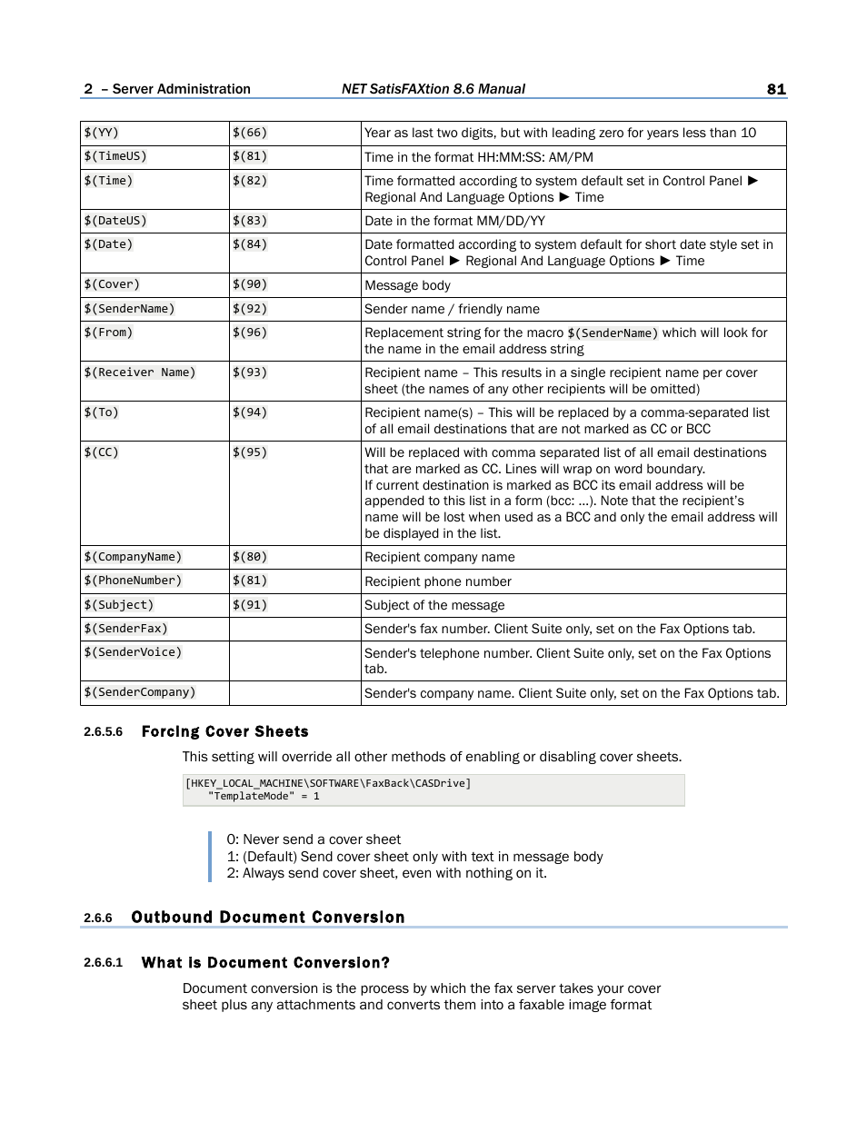 6 forcing cover sheets, 6 outbound document conversion, 1 what is document conversion | FaxBack NET SatisFAXtion 8.6 - Manual User Manual | Page 81 / 240