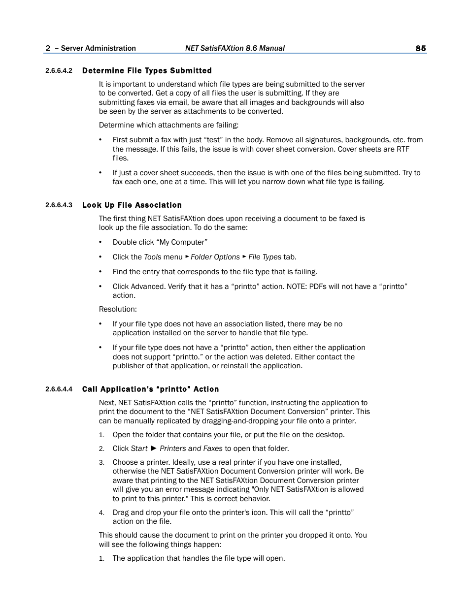 2 determine file types submitted, 3 look up file association, 4 call application’s “printto” action | FaxBack NET SatisFAXtion 8.6 - Manual User Manual | Page 85 / 240