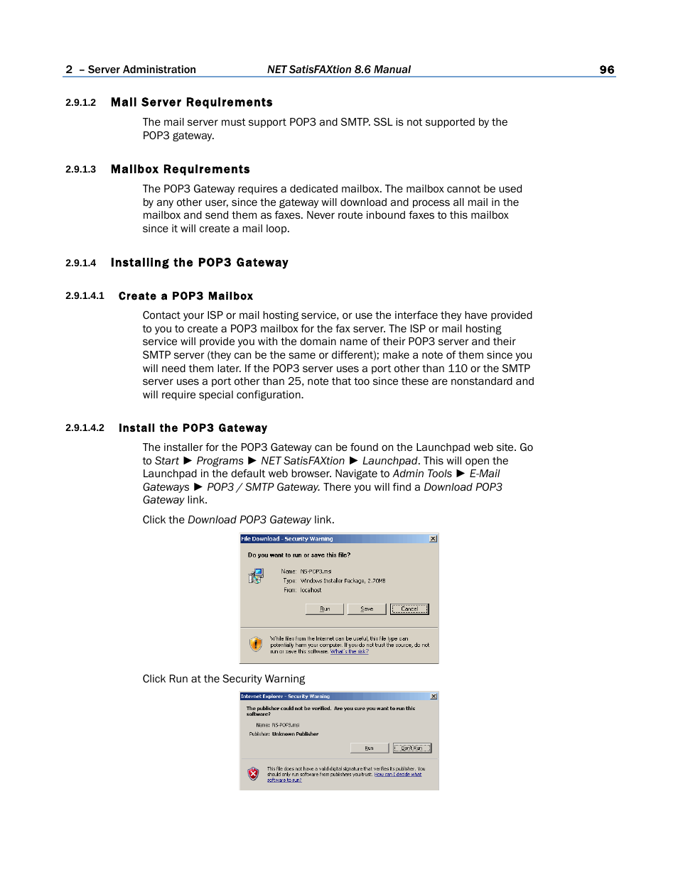 2 mail server requirements, 3 mailbox requirements, 4 installing the pop3 gateway | 1 create a pop3 mailbox, 2 install the pop3 gateway | FaxBack NET SatisFAXtion 8.6 - Manual User Manual | Page 96 / 240