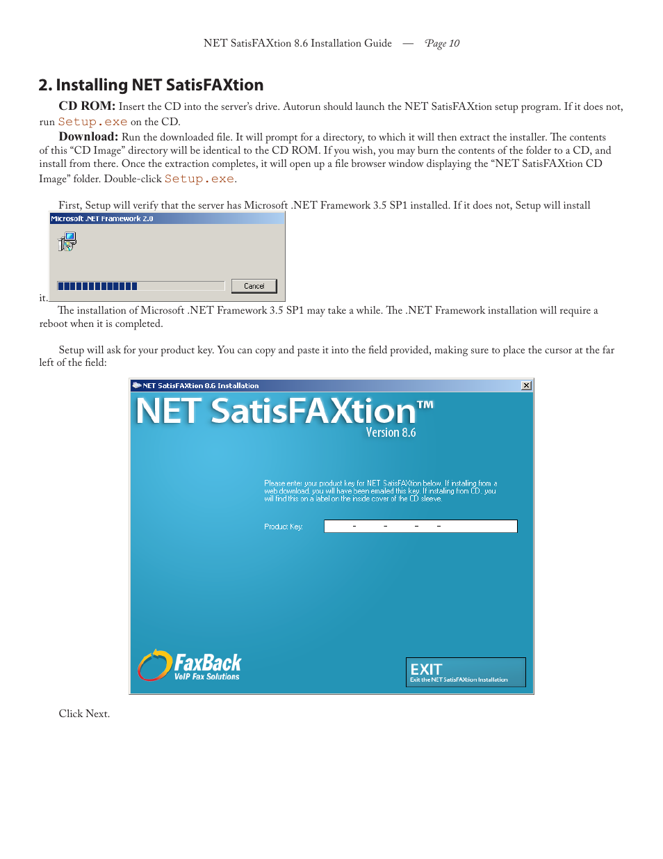 Installing net satisfaxtion | FaxBack NET SatisFAXtion 8.6 - Installation Guide User Manual | Page 10 / 22