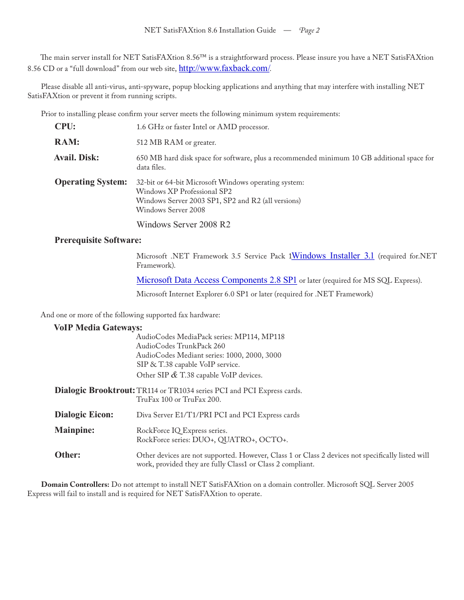 FaxBack NET SatisFAXtion 8.6 - Installation Guide User Manual | Page 2 / 22