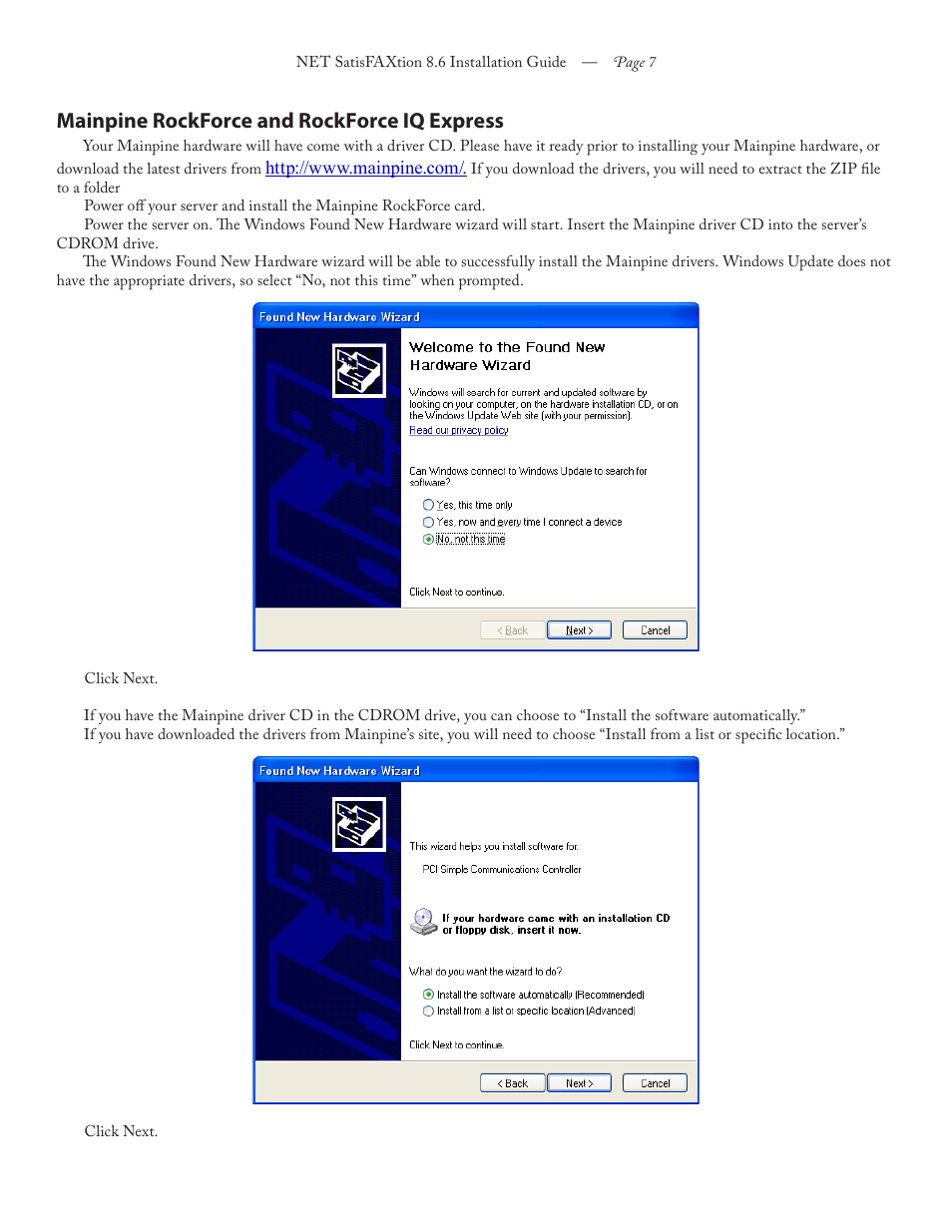 Mainpine rockforce and rockforce iq express | FaxBack NET SatisFAXtion 8.6 - Installation Guide User Manual | Page 7 / 22