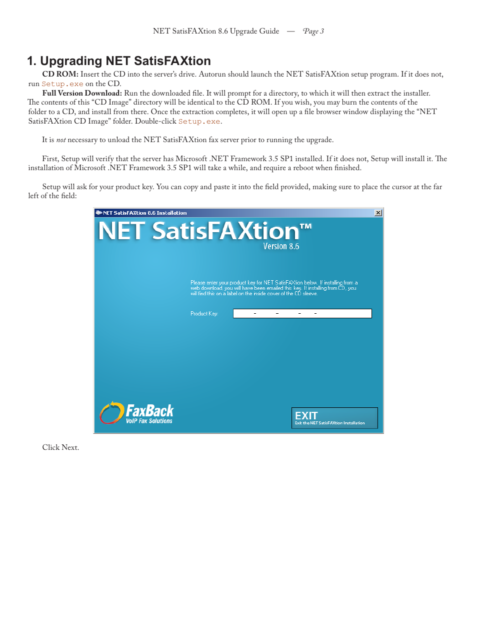 Upgrading net satisfaxtion | FaxBack NET SatisFAXtion 8.6 - Upgrade Guide User Manual | Page 3 / 13