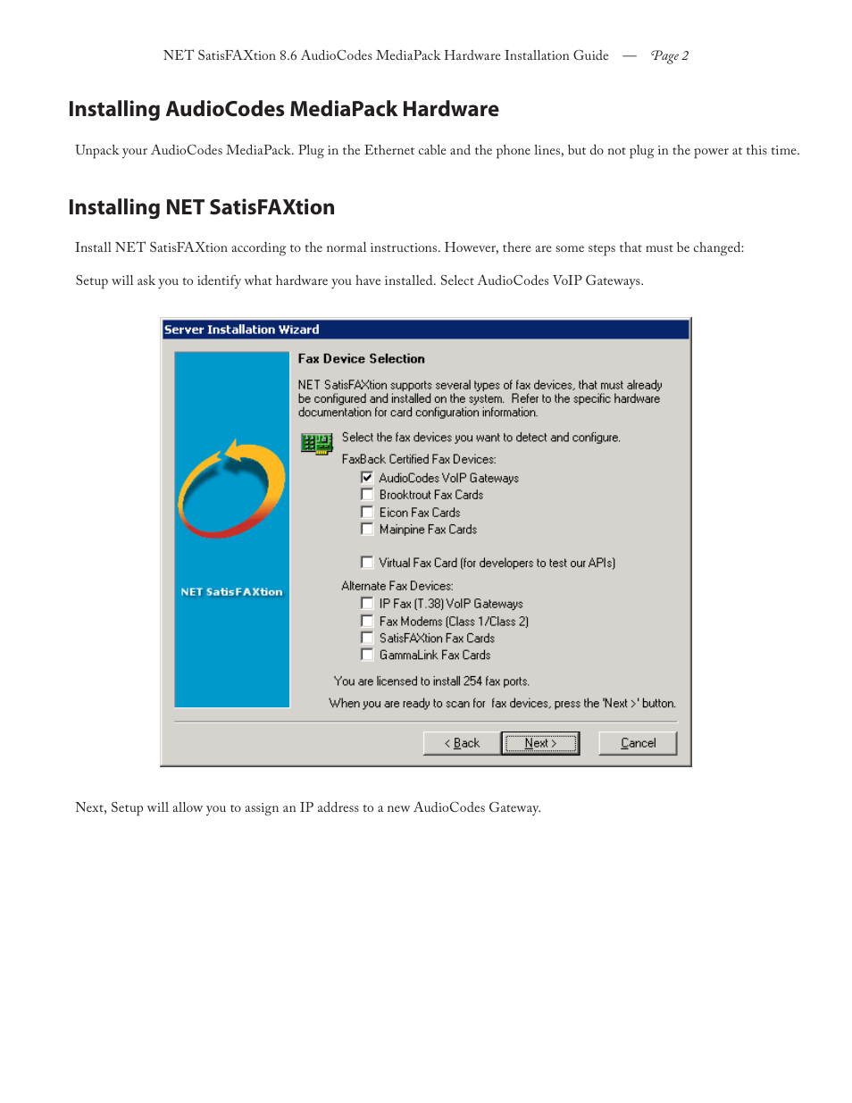 Installing audiocodes mediapack hardware, Installing net satisfaxtion | FaxBack NET SatisFAXtion 8.6 - AudioCodes MediaPack Hardware Installation Guide User Manual | Page 2 / 11