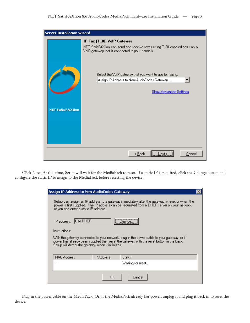 FaxBack NET SatisFAXtion 8.6 - AudioCodes MediaPack Hardware Installation Guide User Manual | Page 3 / 11