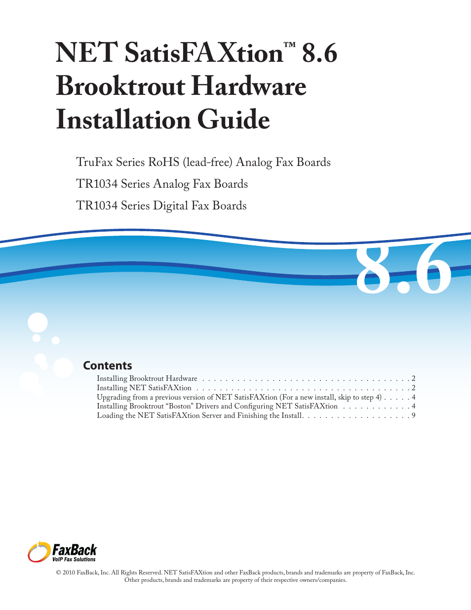 FaxBack NET SatisFAXtion 8.6 - Brooktrout Hardware Installation Guide User Manual | 10 pages
