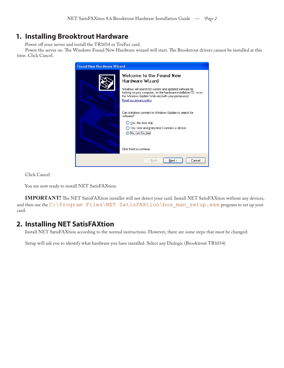 Installing brooktrout hardware 1, Installing net satisfaxtion 2 | FaxBack NET SatisFAXtion 8.6 - Brooktrout Hardware Installation Guide User Manual | Page 2 / 10