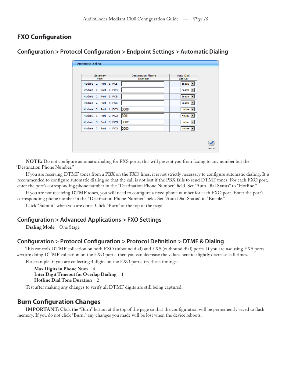 Fxo configuration, Burn configuration changes | FaxBack AudioCodes Mediant 1000 - Configuration Guide User Manual | Page 10 / 13