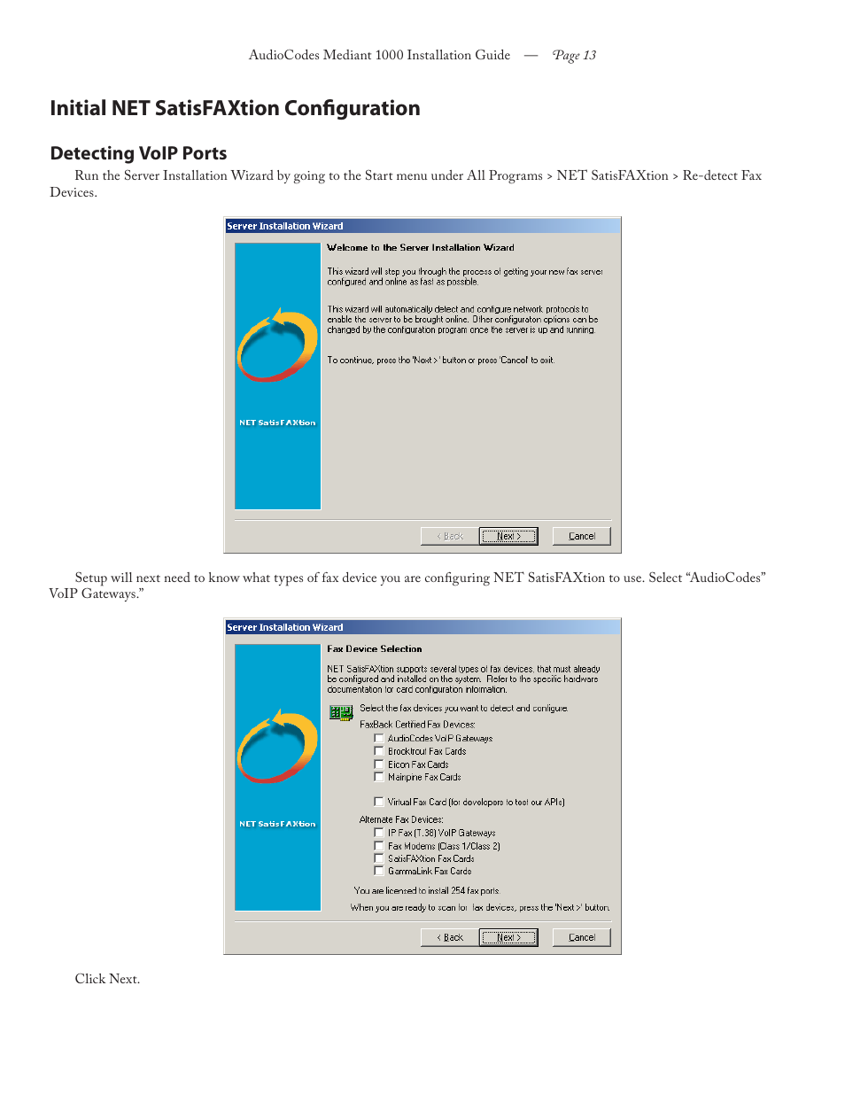 Initial net satisfaxtion configuration, Detecting voip ports | FaxBack Mediant 1000 Appliance - Installation Guide User Manual | Page 13 / 18