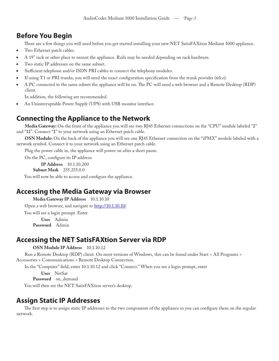 Before you begin, Connecting the appliance to the network, Accessing the media gateway via browser | Accessing the net satisfaxtion server via rdp, Assign static ip addresses | FaxBack Mediant 1000 Appliance - Installation Guide User Manual | Page 3 / 18