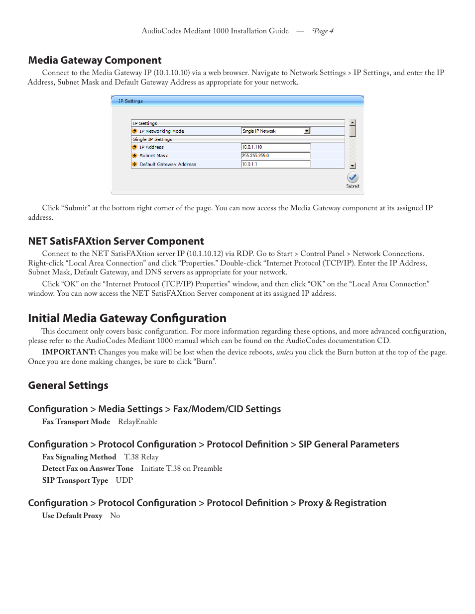 Initial media gateway configuration, Media gateway component, Net satisfaxtion server component | General settings | FaxBack Mediant 1000 Appliance - Installation Guide User Manual | Page 4 / 18