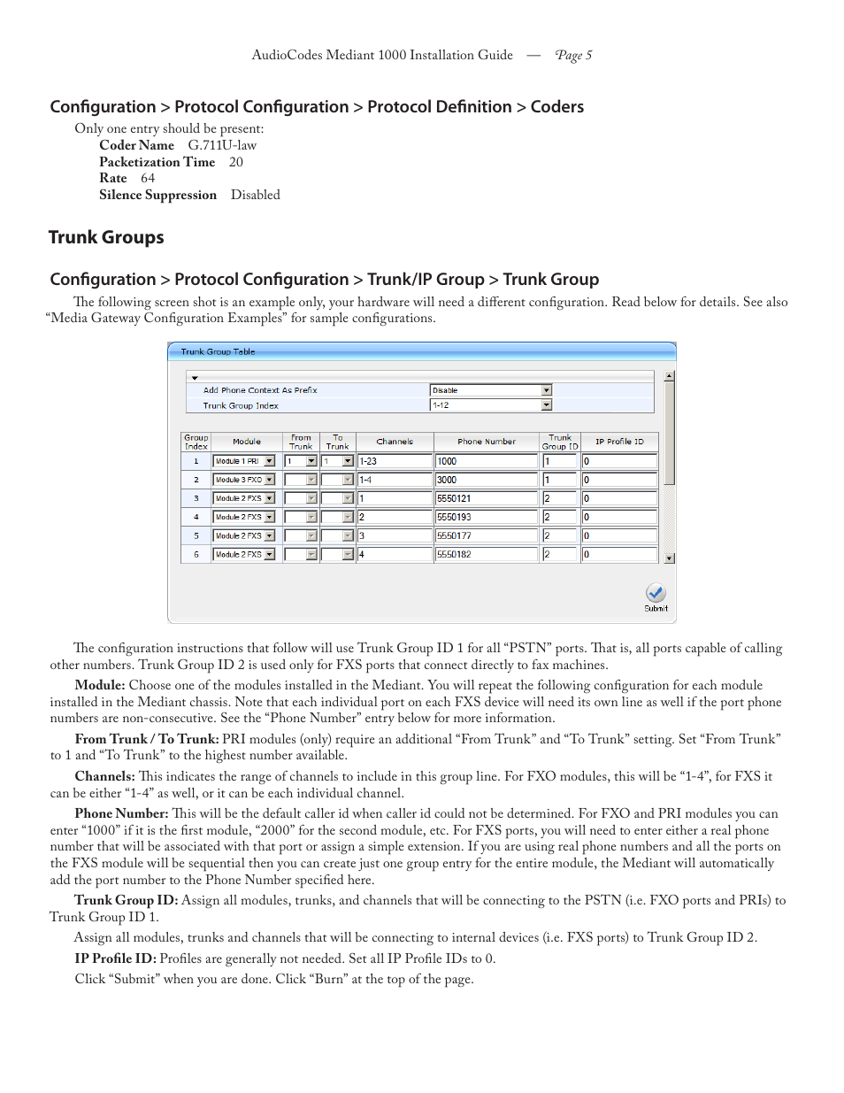 Trunk groups | FaxBack Mediant 1000 Appliance - Installation Guide User Manual | Page 5 / 18