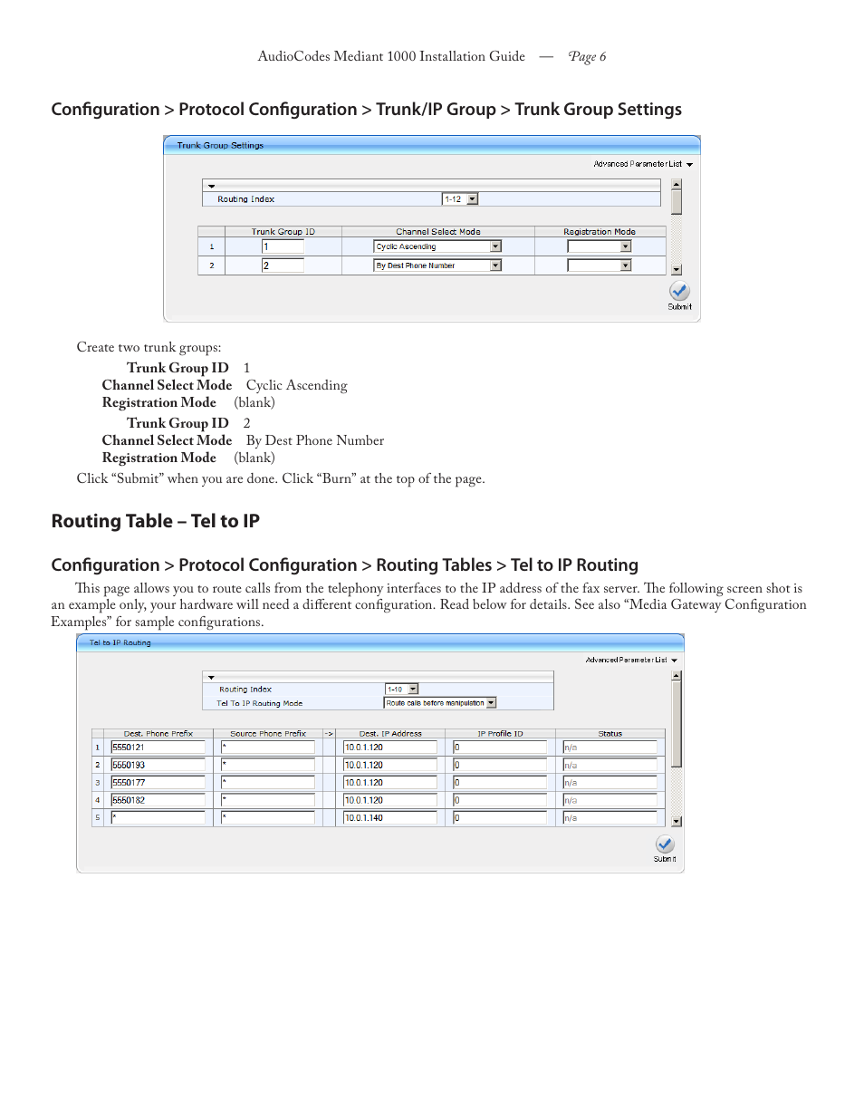 Routing table – tel to ip | FaxBack Mediant 1000 Appliance - Installation Guide User Manual | Page 6 / 18