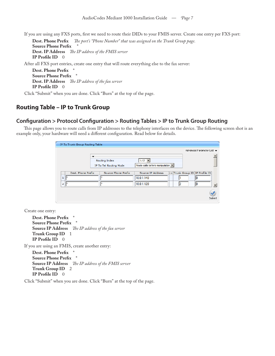 Routing table – ip to trunk group | FaxBack Mediant 1000 Appliance - Installation Guide User Manual | Page 7 / 18